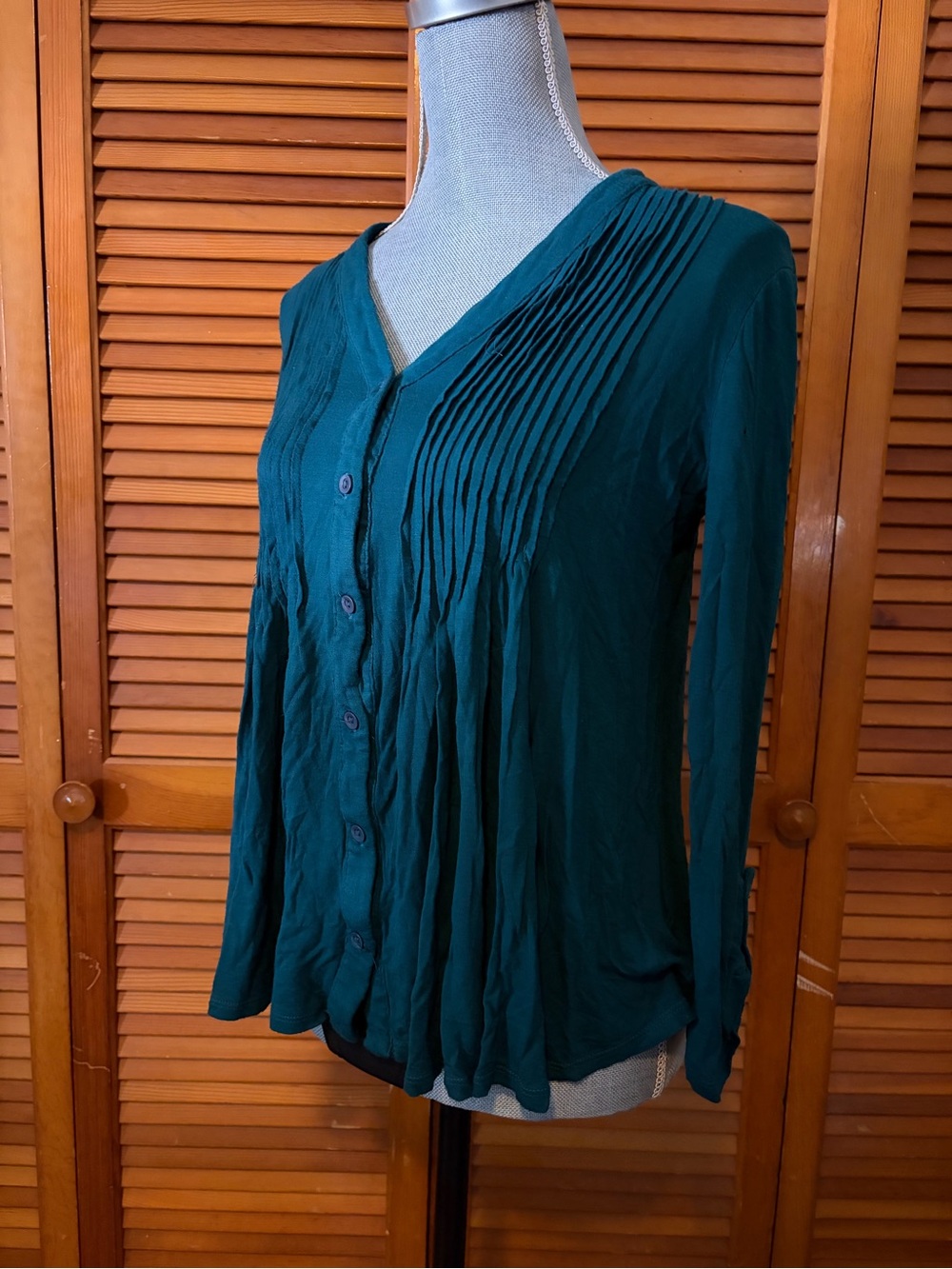Y2K Pleated Button-Front V-Neck Top Bella Swan Teal